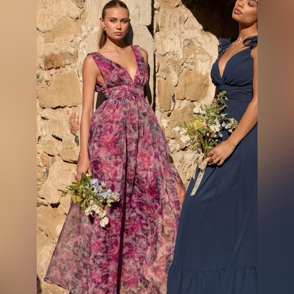 NWT | Lulus | Garden Romance Magenta Floral Print Organza Maxi Dress - Picture 1 of 9